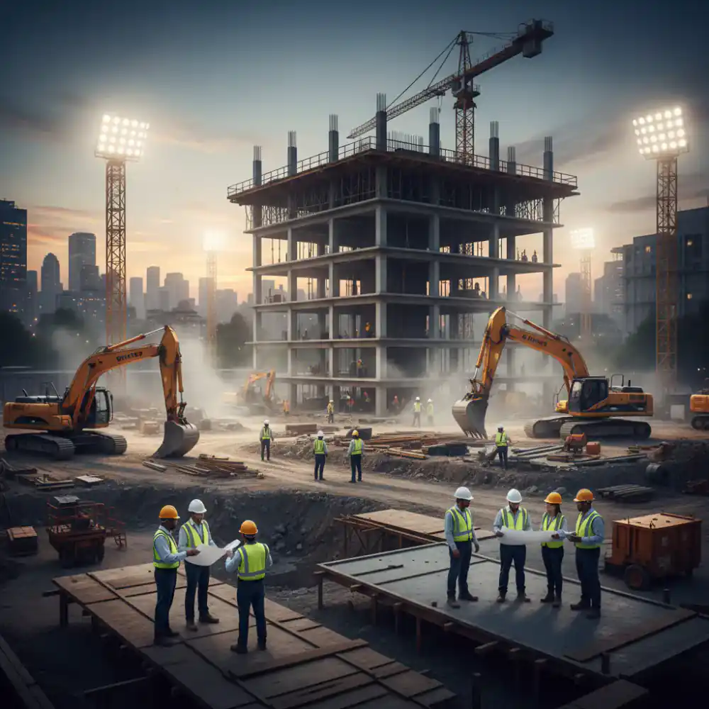 Active construction site with professionals