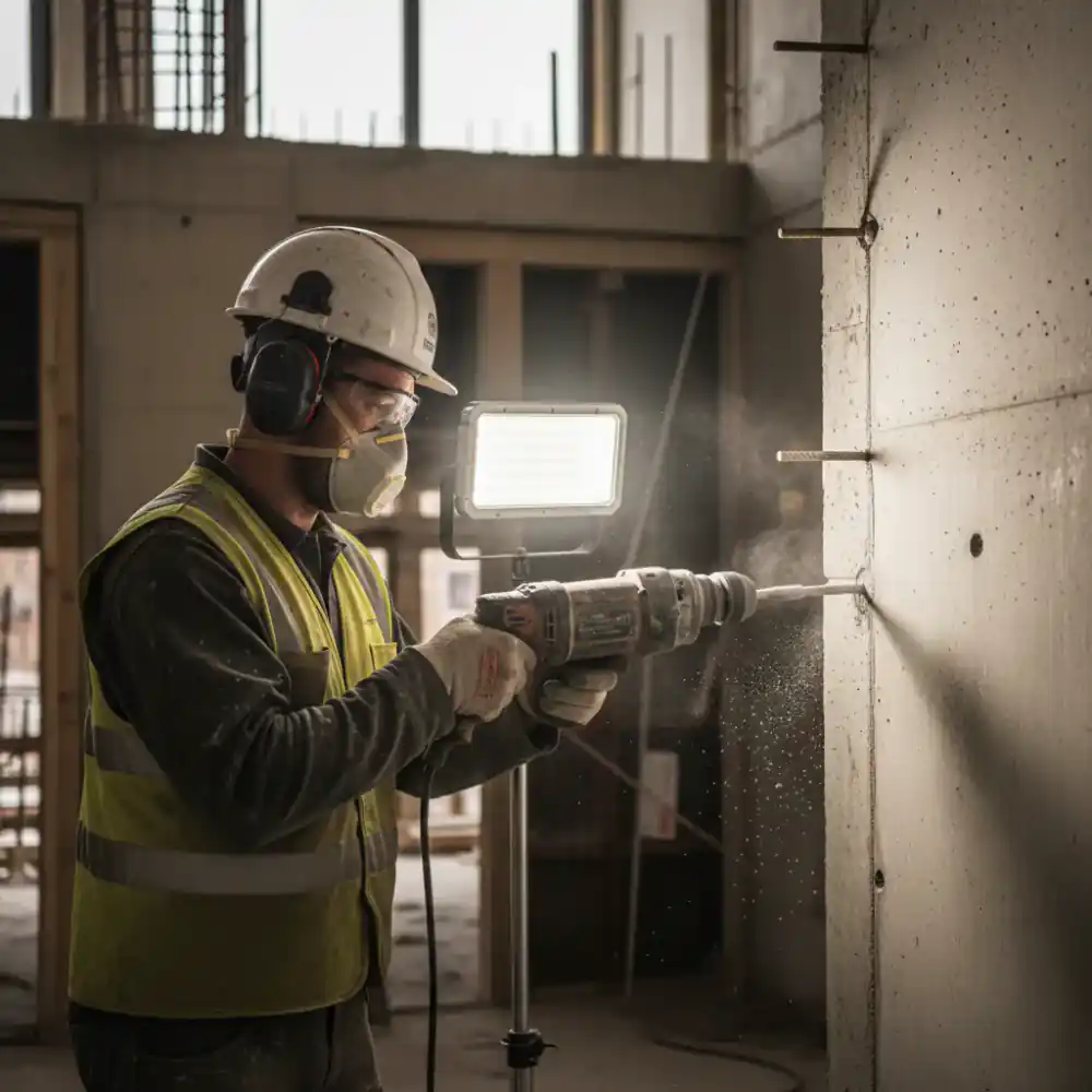 Worker with rotary hammer