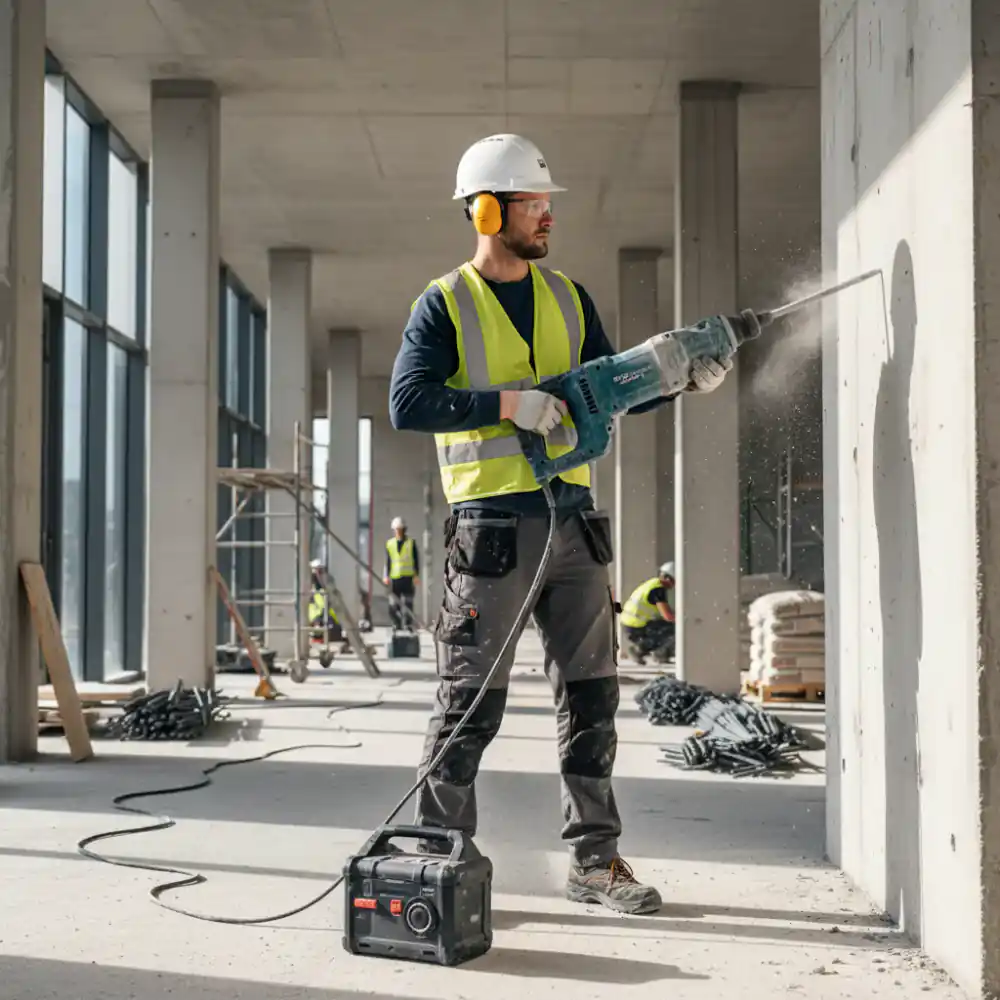 Professional contractor operating a heavy-duty rotary hammer on a commercial site