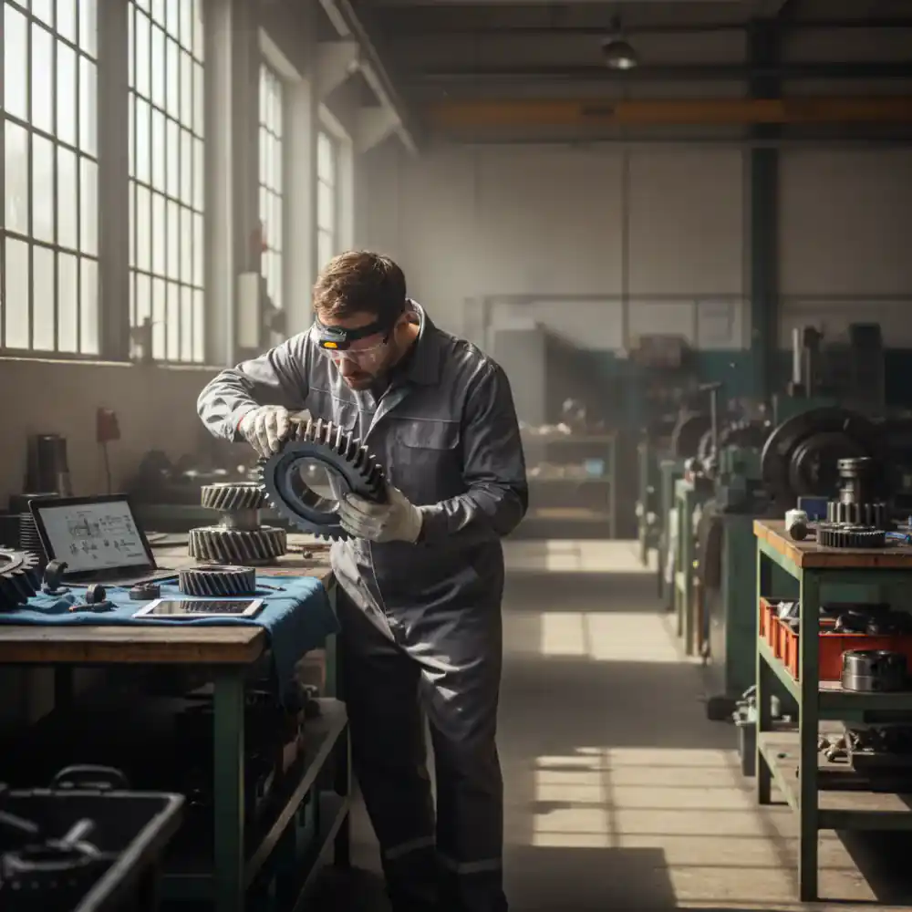 Technician inspecting gear in workshop