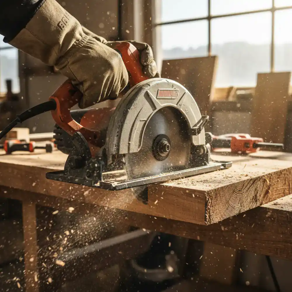 Heavy duty circular saw cutting timber
