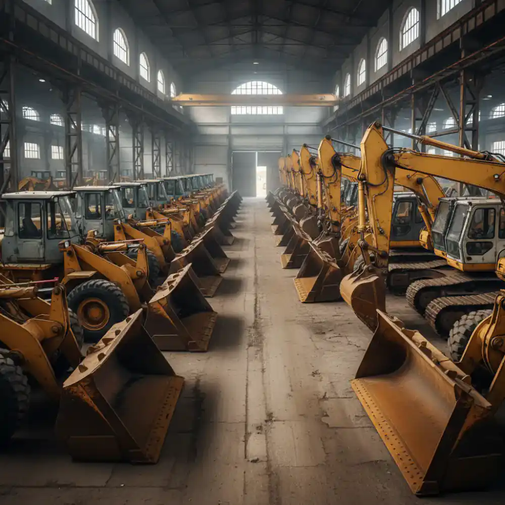 Rows of heavy equipment in warehouse